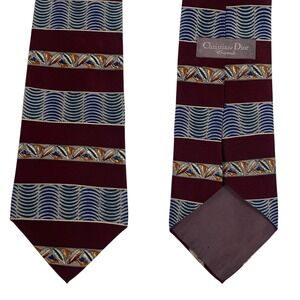 Christian‎ Dior Cravate Silk Necktie VTG Burgundy Blue Wave Pattern Tie 57 inch